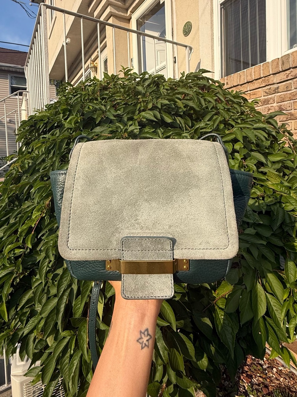 Vintage Y2K Fossil Two-Tone Suede and Leather Crossbody in Sage and Deep Green